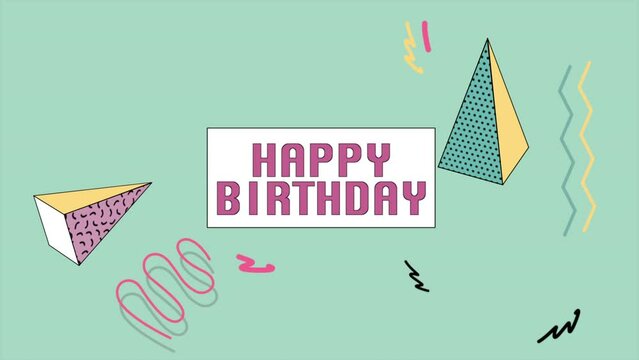 A vibrant and eye-catching birthday card featuring a central Happy Birthday message surrounded by colorful geometric shapes on a light blue background