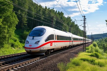 Naklejka premium High-speed train on railway, modern high speed commuter train, AI generated