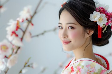Fototapeta premium Elegant Asian Woman in Traditional Kimono with Intricate Floral Patterns Studio Portrait with Serene Expression
