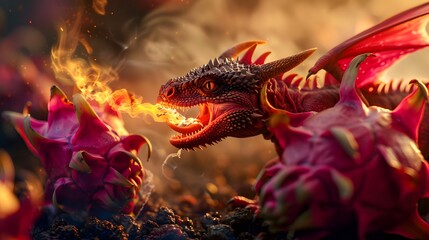 A dragon breathing fire on a dragon fruit