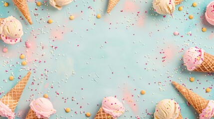 Blank vintage card for National Ice Cream Day, highlighting elements of ice cream cones and sprinkles in pastel styles, with big copy space in the center for text