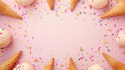 Blank vintage card for National Ice Cream Day, highlighting elements of ice cream cones and sprinkles in pastel styles, with big copy space in the center for text