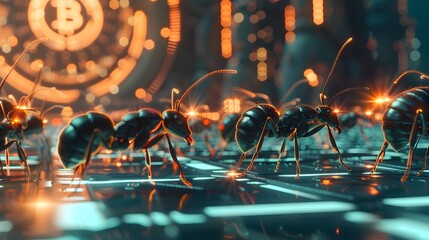 Close-up macro photo of a black ant on cryptocurrency market with lots of spots in the background