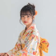 Elegant Asian Woman in Traditional Kimono with Intricate Floral Patterns Studio Portrait with Serene Expression