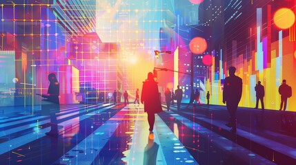 Business illustration of a niche market applying content marketing strategies, illustrated in synth wave styles with a futuristic urban background and copy space