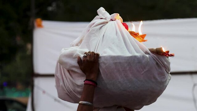 holy offerings of burning clay oil lamp for hindu sun god at chhath festival