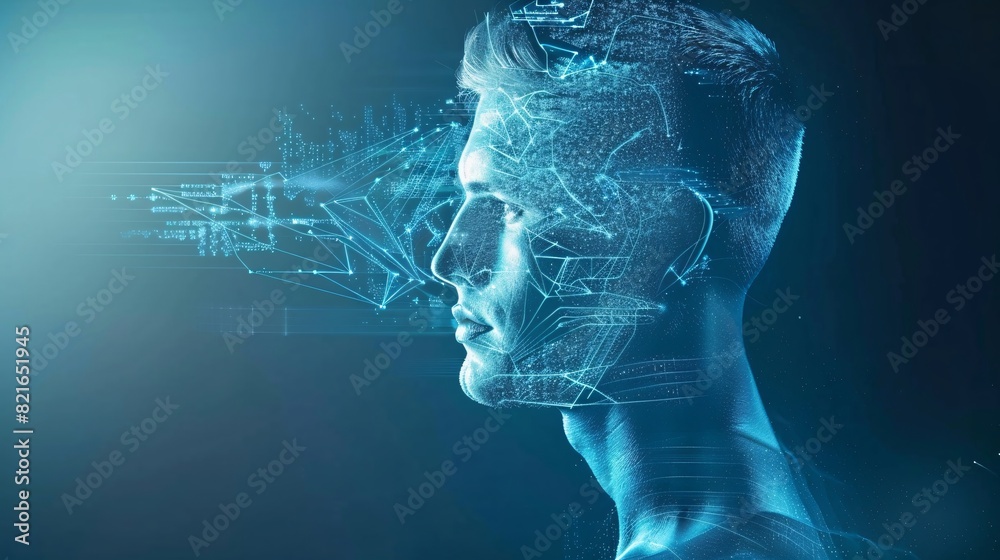 Wall mural The side profile of a digital human head made of circuitry, against a dark background with binary code, representing AI and machine learning