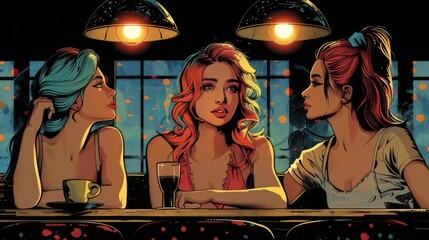 Comic book style illustration of three beautiful women sitting at a bar with drinks
