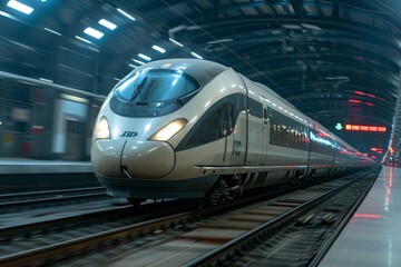 Fototapeta premium High-speed train on railway, modern high speed commuter train, AI generated