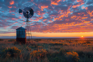 Colorful Australian outback sunset landscape with a windmill, and reflections in a pond and a firey...