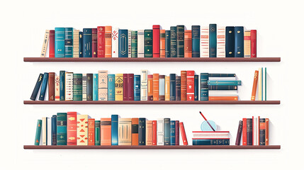 Vector illustration of shelves of colorful books in a library against a white background.