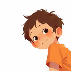 The character design of a cute and cute little black child is looking forward with brown hair and smiling happily