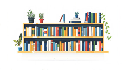 Vector illustration of shelves of colorful books in a library against a white background.