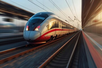 Fototapeta premium High-speed train on railway, modern high speed commuter train, AI generated