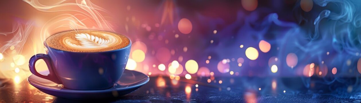 Colorful glow HUD icon of a steaming cup of coffee with intricate latte art, set against a cozy, retrothemed background, ready for copy space