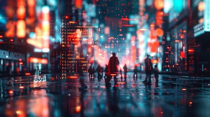 Fototapeta premium Creative business of a dropshipping venture using influencer marketing, shown in cyberpunk 80s styles with a futuristic HUD concept and a blurry background