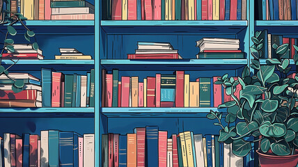 Vector illustration of shelves of colorful books in a library against a blue background.