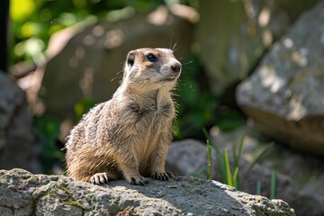Alert ground squirrel perched on a rock in a sunny forest clearing