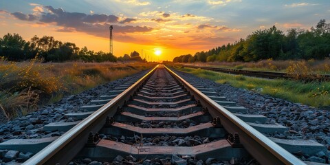 Railway tracks leading towards a vibrant sunset over a rural landscape