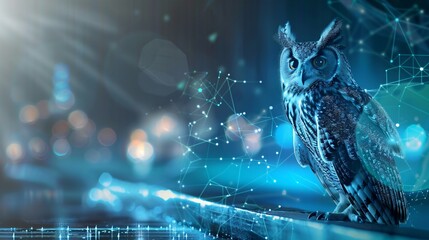 The side profile of a digital owl head made of circuitry, against a dark background with binary code, representing AI and machine learning