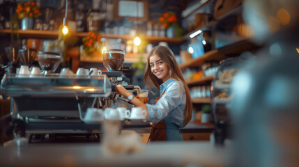 woman preparing a coffee in the machine