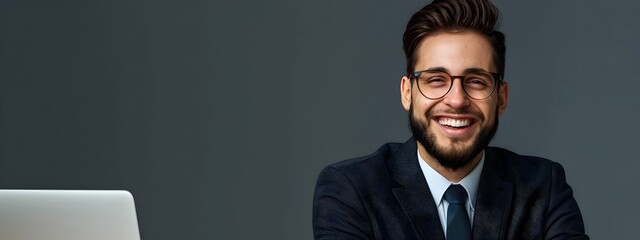 Confident IT Manager at Work with Laptop on Colorful Background