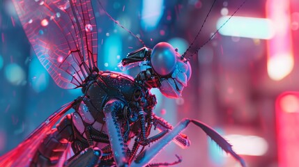Fototapeta premium Futuristic charismatic cyber closeup of a damselfly nymph in a ninja outfit
