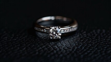 Sparkling diamond solitaire engagement ring in white gold on dark background