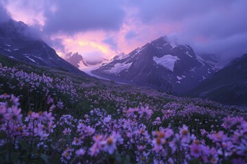 Obraz premium Alpine Meadow with Wildflowers at Sunset