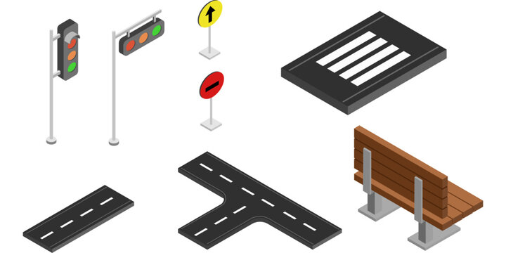 교통 오브젝트(신호등+도로+아이소메트릭+표지판+벤치)