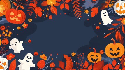 Fototapeta premium Illustration cards blank template for text of Halloween in colorful styles, with vibrant pumpkins and ghost icons, including space for text in the center for text