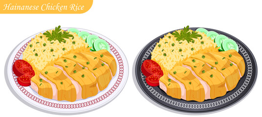 Hainanese Chicken Rice Plates - Chinese Cuisine Vector Illustration 