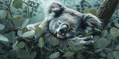 Obraz premium Koala Sleeping Peacefully in Eucalyptus Tree Calming Natural Digital Depicting Serene Forest Habitat