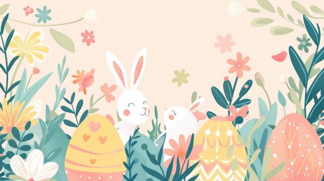 Minimal blank template card for Easter Sunday in cute styles, featuring elements of Easter eggs and bunny icons, with a large copy space on center for text
