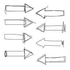 Set of hand drawn scribble arrows. Collection of abstract frames in the form of arrows in doddles style. Design element. Continuous line. Vector. Isolated on white background.