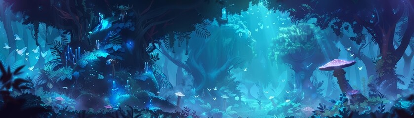Fototapeta premium Mystery landscape of a jungle with giant, luminescent mushrooms and hovering spiritlike creatures, solid color, kawaii template sharpen with copy space
