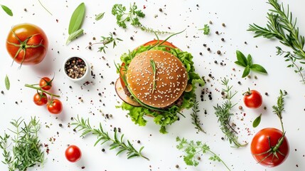 Nature graphic design with a creative twist, highlighting a delicious burger surrounded by fresh greens and herbs on a white background