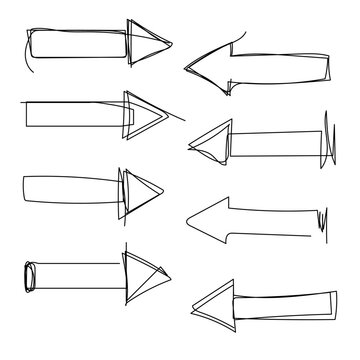 Set of hand drawn scribble arrows. Collection of abstract frames in the form of arrows in doddles style. Design element. Continuous line. Vector. Isolated on white background.