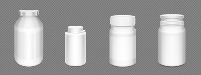3d white plastic pill bottle. Supplement container package mockup. Medicine jar for capsule, drug, protein or aspirin with empty prescription label template and lid. Pharmaceutical pack mock up