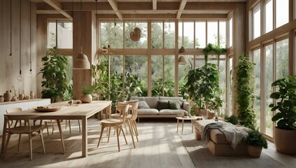 Fototapeta premium Showcase a sustainable and harmonious design environment, with natural materials, natural light and sustainability elements. biophilic design, natural materials, light colours scandinavian style lots 