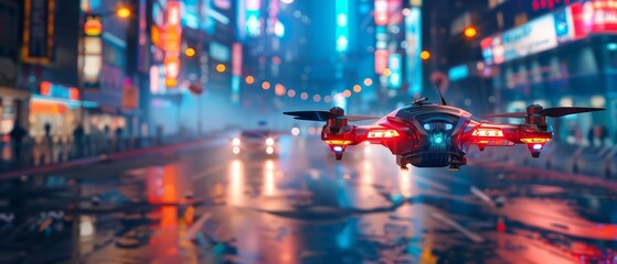 Show Colorful Glow HUD icon of a drone, with Glow HUD big Icon of a robot delivering packages, on a busy city street, futuristic look, Nice shot sharpen cinematic color for banner