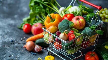 Shopping cart filled with food of various vegetables, fruits, and healthy snacks, emphasizing the concept of mindful eating and sustainability