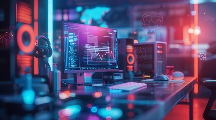 Show Glow HUD Big icon group of office supplies, with Glow HUD big Icon of an executive working, in a sleek office, cyber color, Nice shot sharpen cinematic color for banner