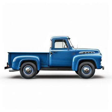 A blue truck with chrome wheels and a chrome grille