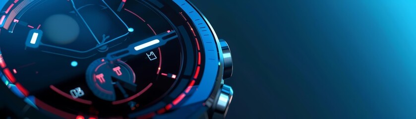 Solid HUD icon of a hightech smartwatch in a sleek, modern design, with a banner template sharpened for advertising campaigns