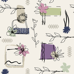 Hand-drawn seamless pattern with floral print, geometric shapes, brush strokes in graffiti style. Vector pattern for printing on fabric, gift wrapping, covers, wallpaper.