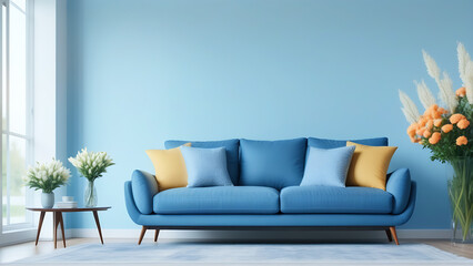 Modern blue living room design with sofa and furniture. Blurred bright living room with sofa and flowers. wide panorama, use for background,