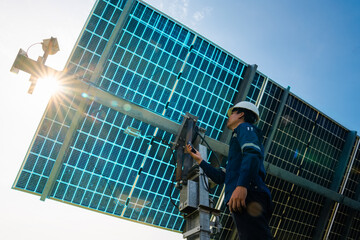 Solar power plant(solar cell) on summer season, alternative energy to conserve the world is power...
