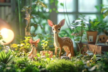 Adorable fawns in a lush, green indoor garden setting, surrounded by potted plants and sunlight through the window.