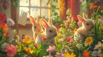 Adorable fluffy bunnies in a vibrant garden surrounded by colorful flowers, bathed in sunlight from a nearby window. - Powered by Adobe